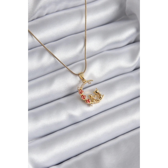 BFS 316L Çelik Gold Renk Hilal Kedi Model Zirkon Taşlı Detay Kadın Kolye