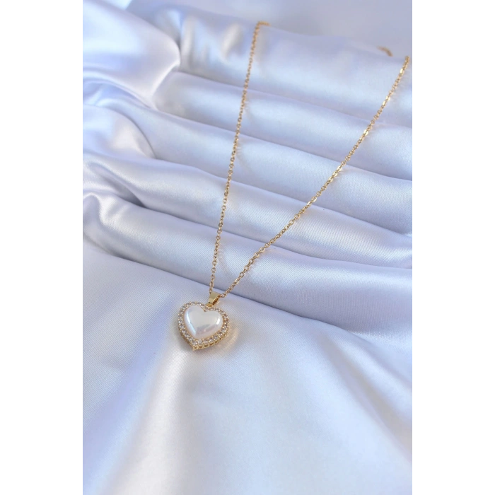 BFS 316L Çelik Gold Renk İncili Kalp Model Zirkon Taşlı Kadın Kolye