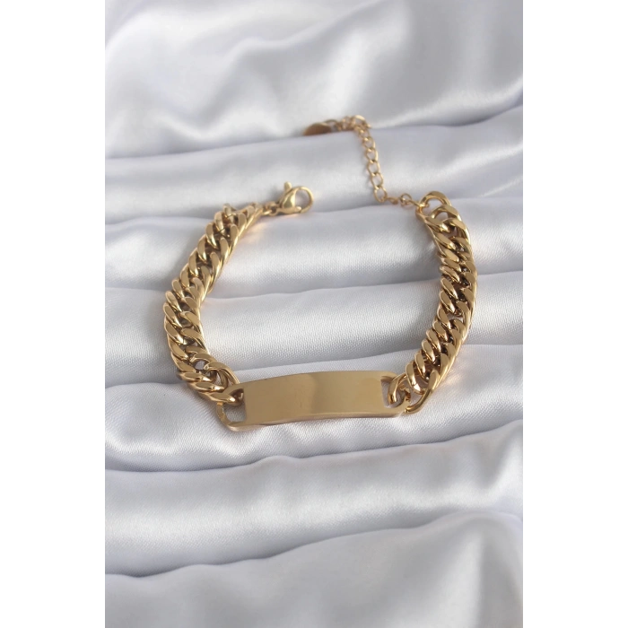 BFS 316L Çelik Gold Renk İsim Yazılabilir Plaka Model Kadın Bileklik