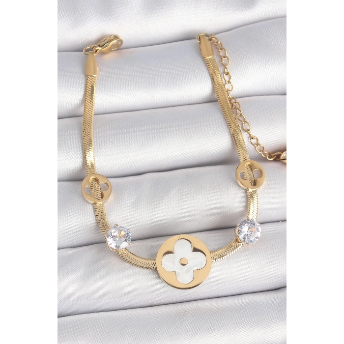 BFS 316L Çelik Gold Renk İtalyan Zincir Beyaz Mineli Yonca Model Zirkon Taş Detaylı Kadın Bileklik