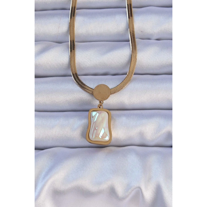 BFS 316L Çelik Gold Renk İtalyan Zincir Ezme Taşlı Kolye