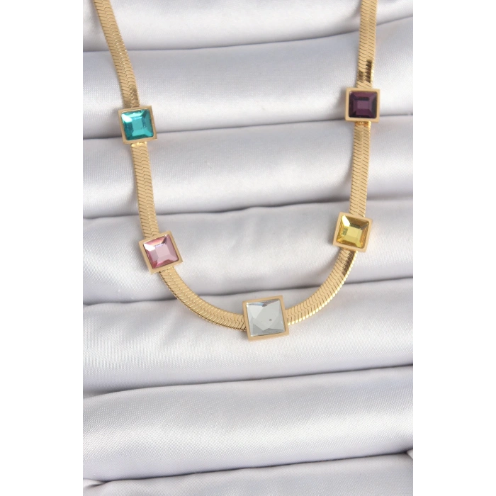 BFS 316L Çelik Gold Renk İtalyan Zincir Model Kare Renkli Zirkon Taşlı Kadın Kolye