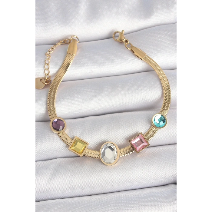 BFS 316L Çelik Gold Renk İtalyan Zincir Renkli Zirkon Taşlı Kadın Bileklik