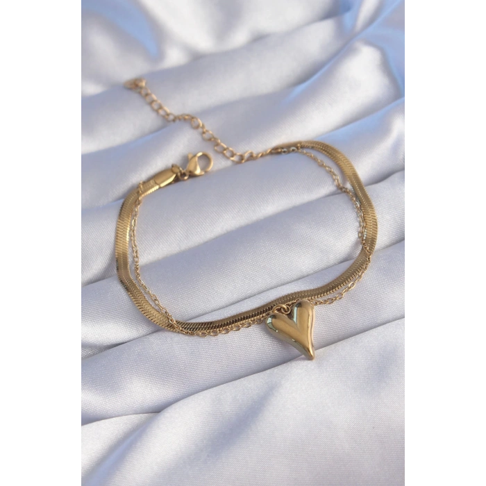 BFS 316L Çelik Gold Renk İtalyan Zincirli Kalp Model Bileklik
