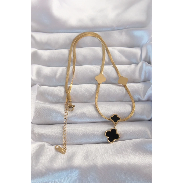 BFS 316L Çelik Gold Renk İtalyan Zincirli Mineli Yonca Kolye