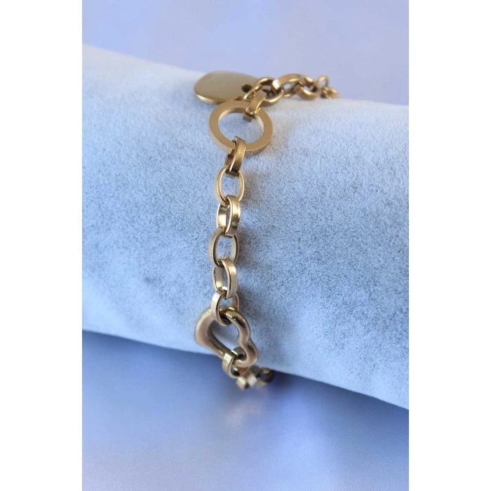 BFS 316L Çelik Gold Renk Kalp Figür Zincir Model Kadın Bileklik