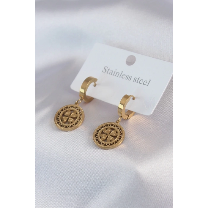 BFS 316L Çelik Gold Renk Kalp Model İşleme Detay Kadın Küpe