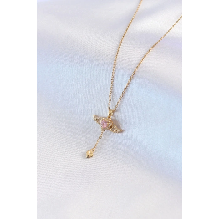 BFS 316L Çelik Gold Renk Kanatlı Kalp Model Zirkon Taş Detay Kadın Kolye