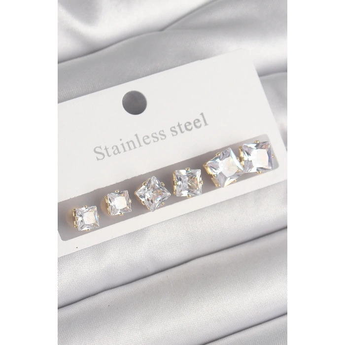 BFS 316L Çelik Gold Renk Kare Zirkon Taş Model Kadın Küpe Seti