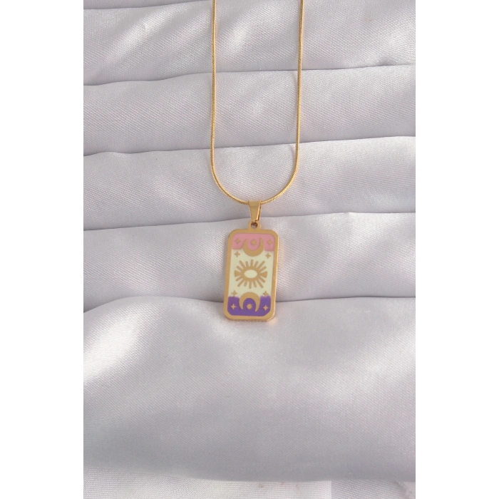BFS 316L Çelik Gold Renk Karışık Mineli Ay Figür Tarot Kolye