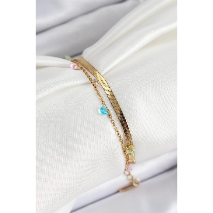 BFS 316L Çelik Gold Renk Karışık Renkli Kristal Taşlı 2li Kadın Bileklik