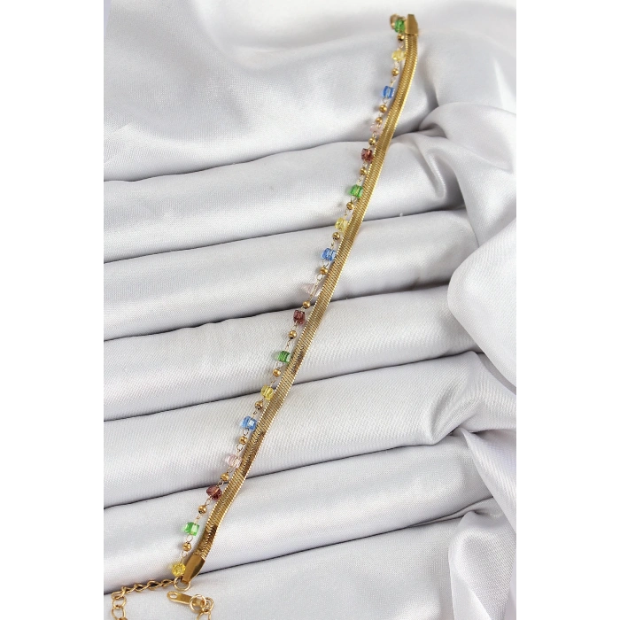 BFS 316L Çelik Gold Renk Karışık Renkli Kristal Taşlı Kadın Bileklik
