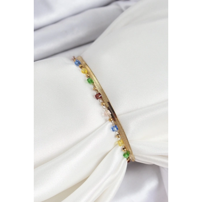 BFS 316L Çelik Gold Renk Karışık Renkli Kristal Taşlı Kadın Bileklik