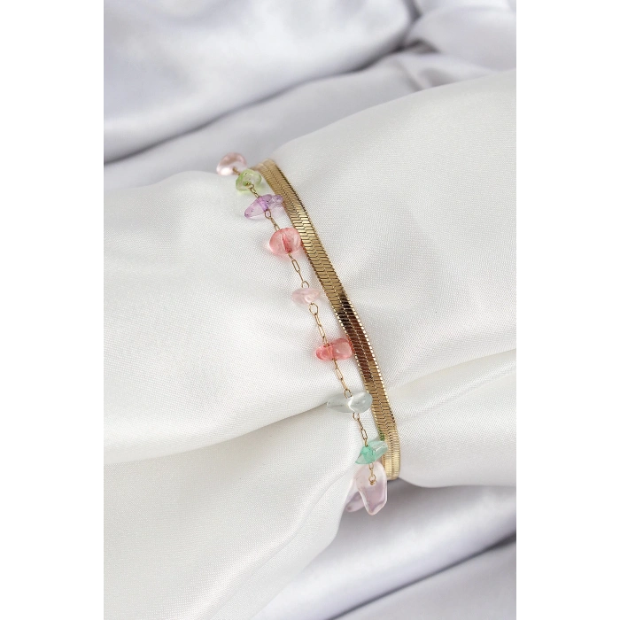 BFS 316L Çelik Gold Renk Kristal Karışık Renkli Taşlı Kadın Bileklik