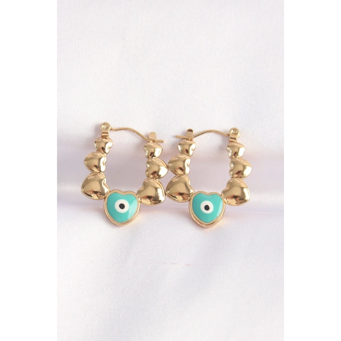 BFS 316L Çelik Gold Renk Mavi Nazarlı Kalpli Model Küpe