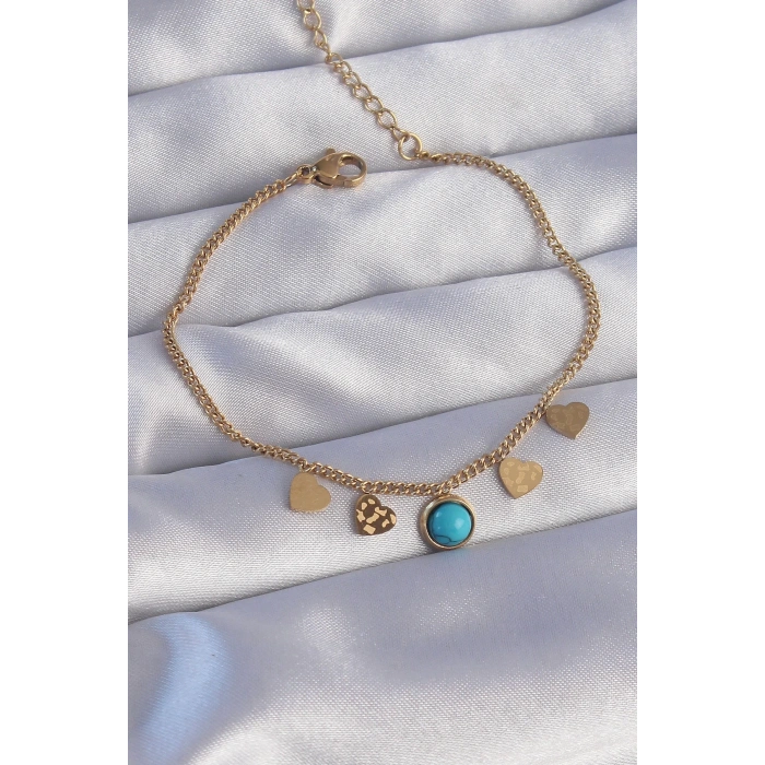BFS 316L Çelik Gold Renk Minimal Kalpli Mavi Taş Detaylı Bileklik