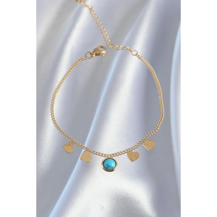 BFS 316L Çelik Gold Renk Minimal Kalpli Mavi Taş Detaylı Bileklik