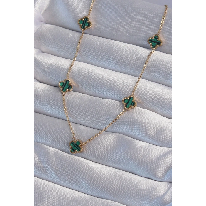 BFS 316L Çelik Gold Renk Minimal Yeşil Mineli Yonca Kolye