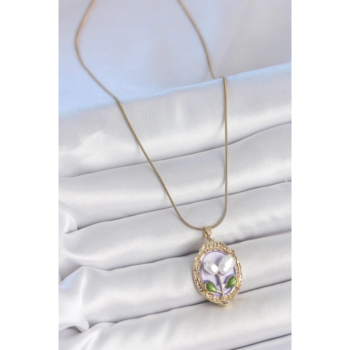 BFS 316L Çelik Gold Renk Mor İncili Çiçek İşlemeli Portre Model Kadın Kolye