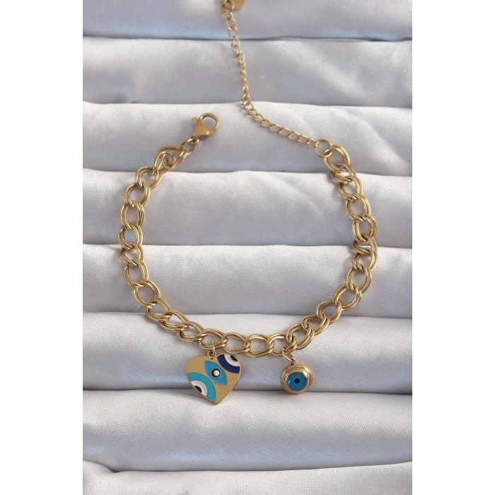 BFS 316L Çelik Gold Renk Nazarlı Kalp Model Zincir Bileklik