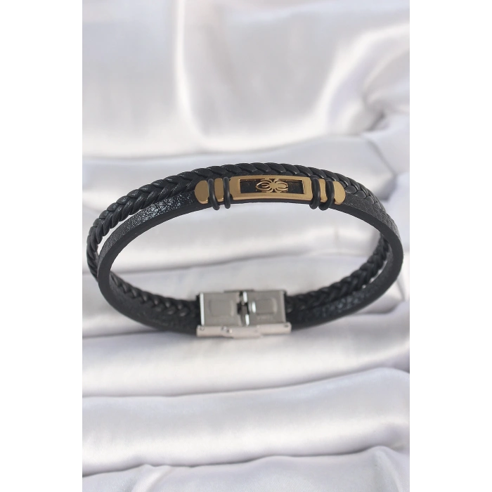 BFS 316L Çelik Gold Renk Örümcek Figür Çift Sıra Burgu Desenli Deri Kordon Erkek Bileklik