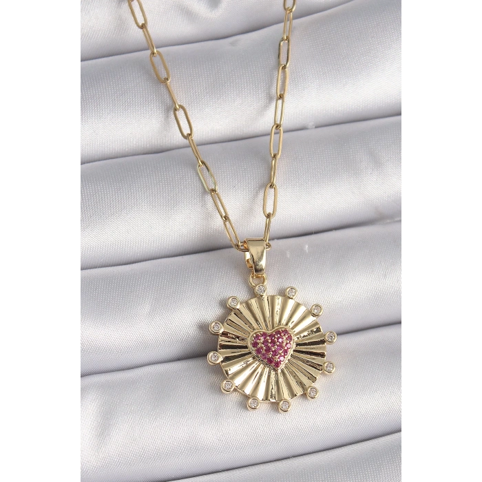 BFS 316L Çelik Gold Renk Pembe Zirkon Taşlı Kalp İşleme Madalyon Model Kadın Kolye