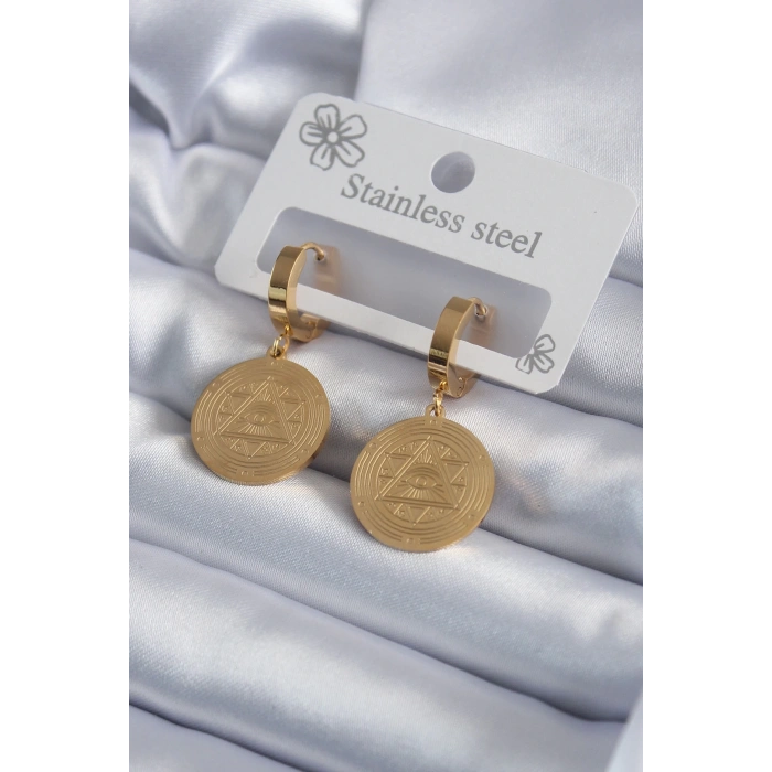 BFS 316L Çelik Gold Renk Pentagram İşleme Model Kadın Küpe