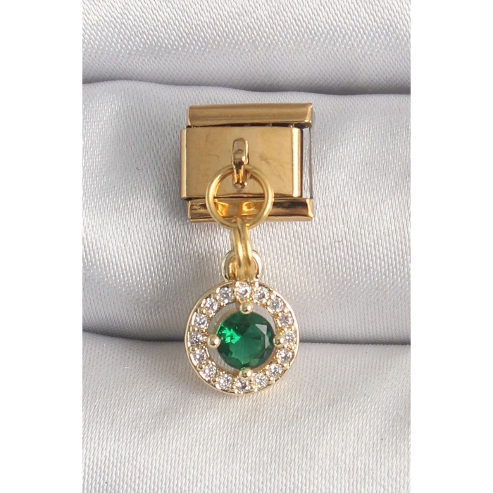 BFS 316L Çelik Gold Renk Sallantı Yeşil Zirkon Taşlı Nomination Charm