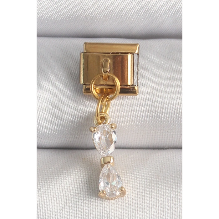 BFS 316L Çelik Gold Renk Sallantı Zirkon Taşlı Kurdele Model Nomination Charm