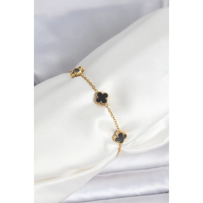 BFS 316L Çelik Gold Renk Siyah Baby Boy Yonca Bileklik