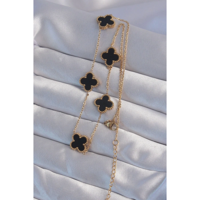 BFS 316L Çelik Gold Renk Siyah Mineli Yonca Kolye