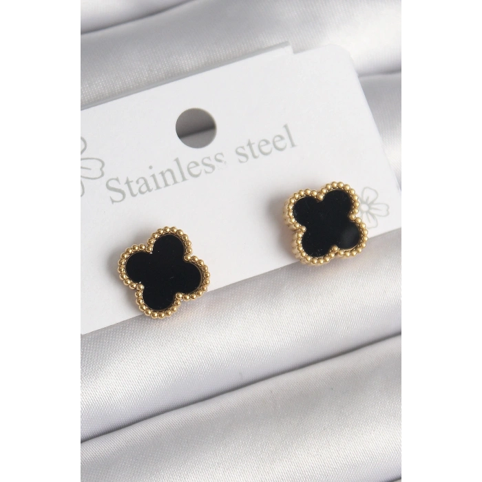 BFS 316L Çelik Gold Renk Siyah Yonca Model Kadın Küpe