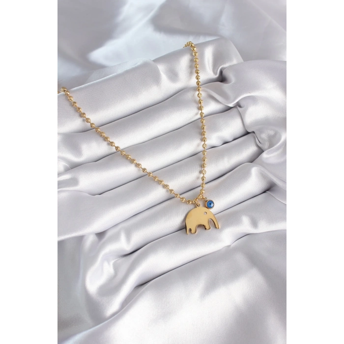 BFS 316L Çelik Gold Renk Top Zincir Model Fil Figür Nazar Boncuk Detay Kadın Kolye