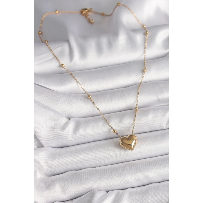 BFS 316L Çelik Gold Renk Topçuk Detaylı Zincir Kalp Model Kadın Kolye