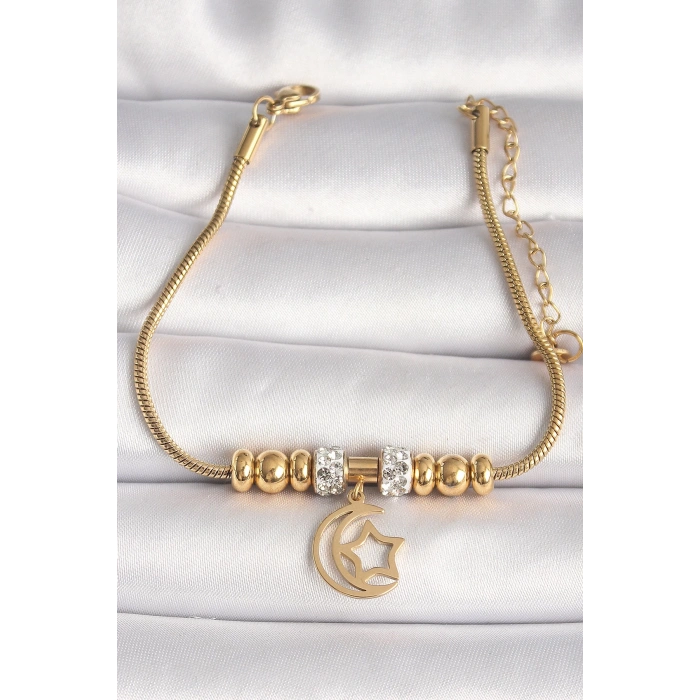 BFS 316L Çelik Gold Renk Tüp Zincir Zirkon Taş Detaylı Sallantı Ay Yıldız Figür Kadın Bileklik