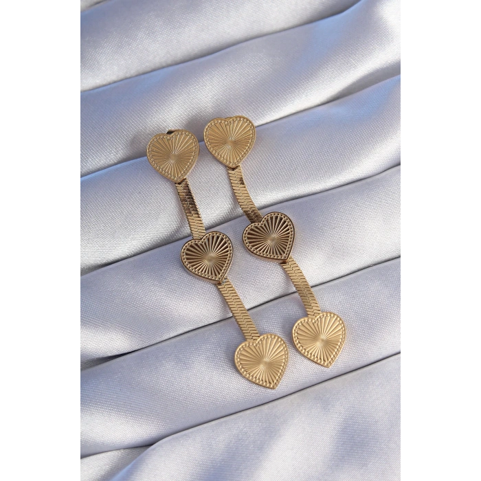 BFS 316L Çelik Gold Renk Uzun İtalyan Zincir Detaylı Kalp Küpe