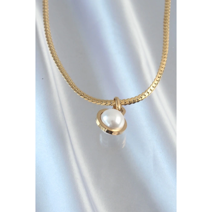 BFS 316L Çelik Gold Renk Yassı Zincir İnci Taşlı Kolye