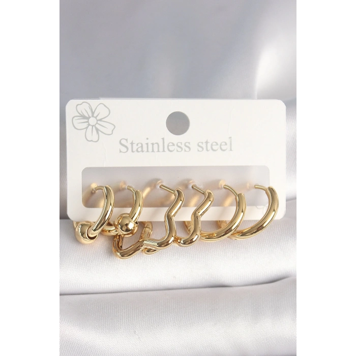 BFS 316L Çelik Gold Renk Yıldız Halka Model Kadın Küpe Seti