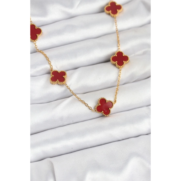 BFS 316L Çelik Gold Renk Zincir Bordo Yonca Kadın Kolye