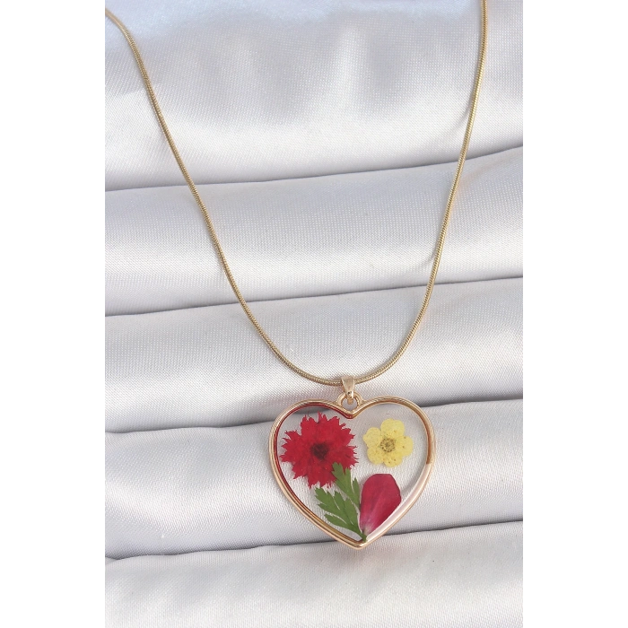 BFS 316L Çelik Gold Renk Zincir Epokis Kalp Doğal Çiçek Model Kadın Kolye