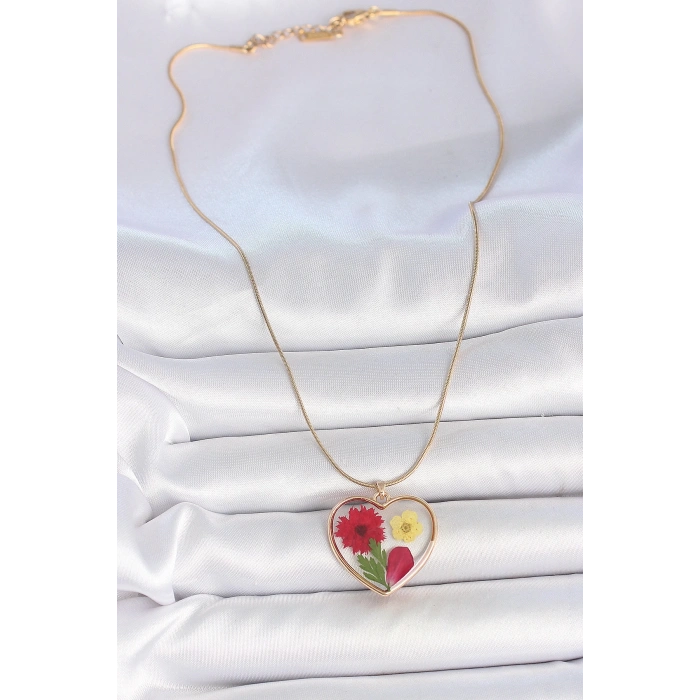 BFS 316L Çelik Gold Renk Zincir Epokis Kalp Doğal Çiçek Model Kadın Kolye
