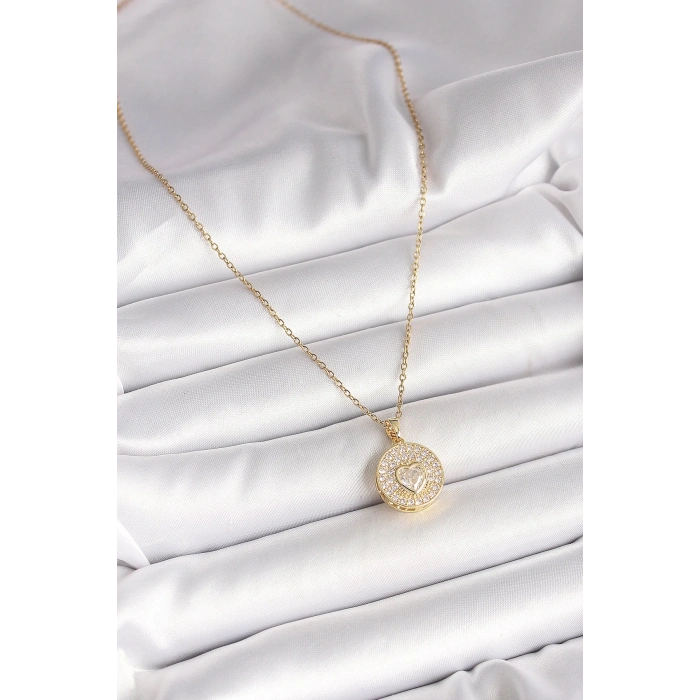BFS 316L Çelik Gold Renk Zincir Madalyon Zirkon Taşlı Kalp Model Kadın Kolye