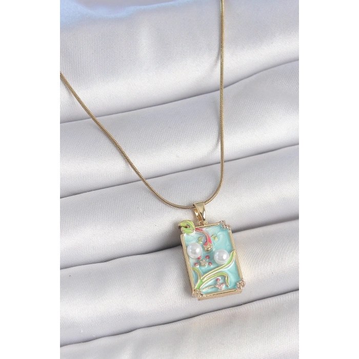 BFS 316L Çelik Gold Renk Zincir Mavi Mineli İncili Çiçek İşlemeli Portre Model Kadın Kolye