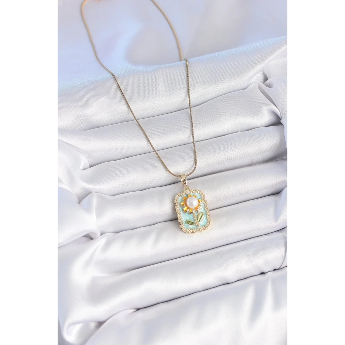 BFS 316L Çelik Gold Renk Zincir Mavi Mineli İncili Papatya İşlemeli Portre Model Kadın Kolye