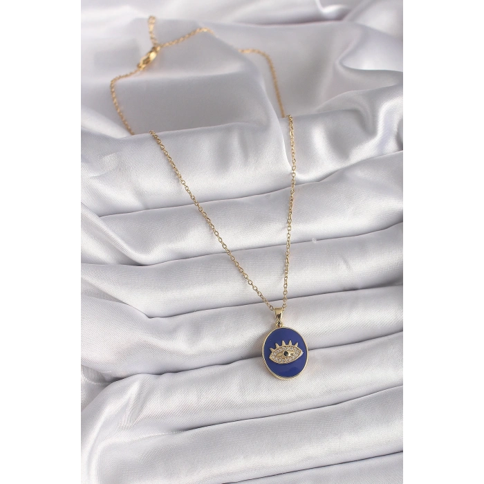 BFS 316L Çelik Gold Renk Zincir Mavi Mineli Zirkon Taşlı Göz İşleme Kadın Kolye