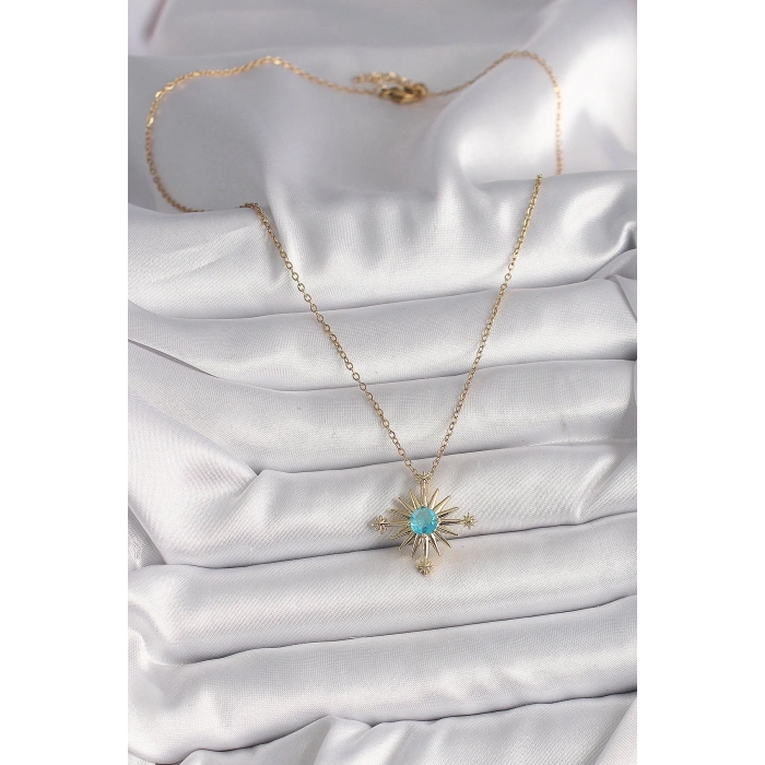 BFS 316L Çelik Gold Renk Zincir Mavi Taş Detaylı Kuzey Yıldız Model Kadın Kolye