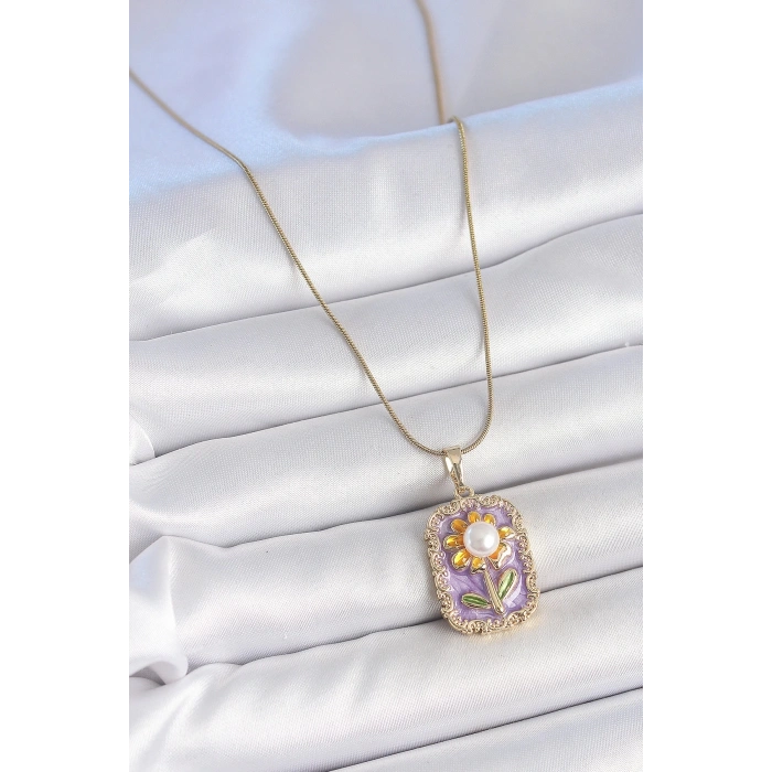 BFS 316L Çelik Gold Renk Zincir Mor Mineli İncili Papatya İşlemeli Portre Model Kadın Kolye