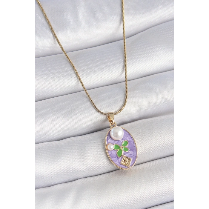 BFS 316L Çelik Gold Renk Zincir Mor Mineli Oval İncili Çiçek İşlemeli Portre Model Kadın Kolye