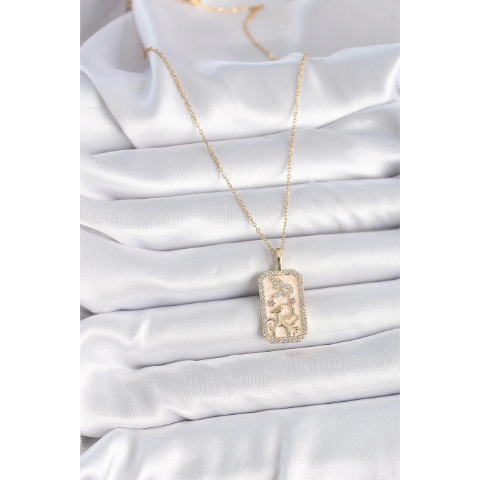 BFS 316L Çelik Gold Renk Zincir Oğlak Burcu Zirkon Taşlı Kadın Kolye