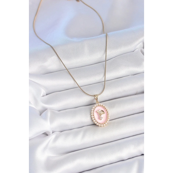 BFS 316L Çelik Gold Renk Zincir Pembe Mineli İncli Zirkon Taşlı Çiçek İşlemeli Portre Model Kadın Kolye